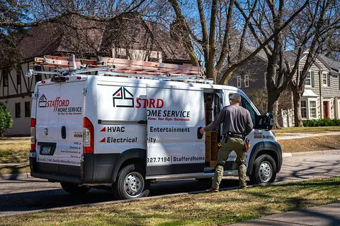 a stafford home service truck driving to perform hvac installation and repair in falcon heights, mn.