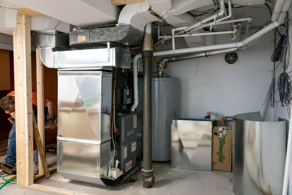 a hvac unit in a basement with exposed ductwork, pipes, and a water heater.