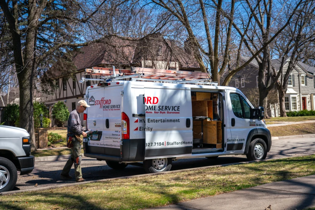 a stafford home service truck driving to perform hvac installation and repair services in orono, mn