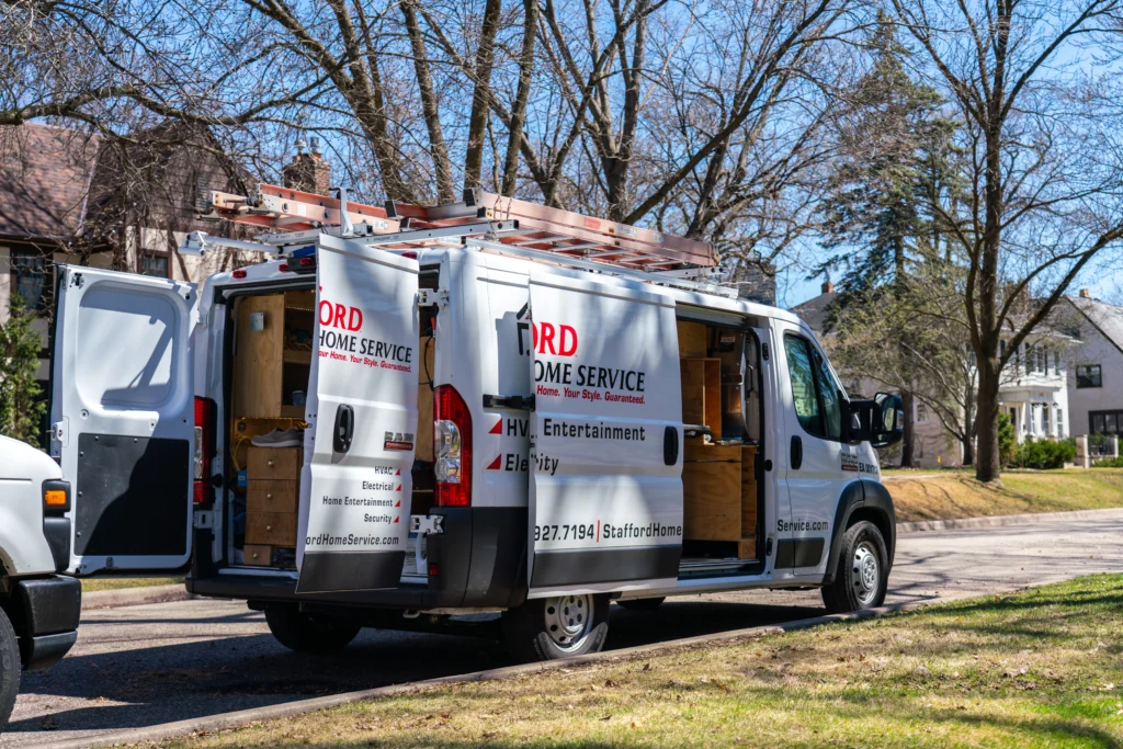 a stafford home service truck driving to perform hvac installation and repair services in osseo, mn