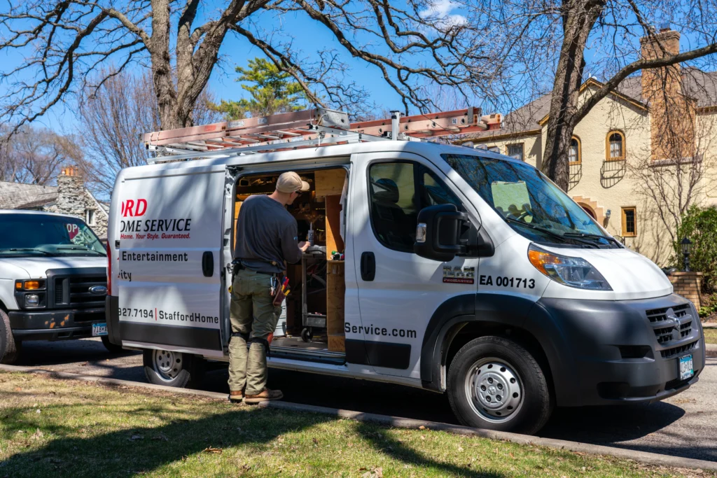 a stafford home service truck driving to perform hvac installation and repair services in prior lake, mn