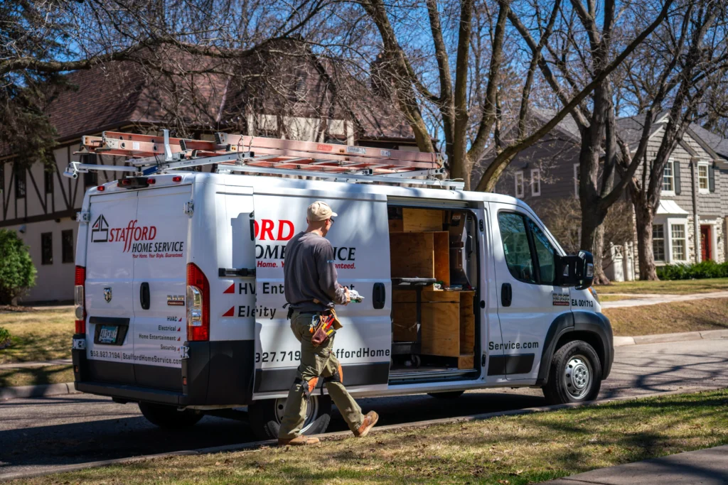 a stafford home service truck driving to perform hvac installation and repair services in minnetonka, mn