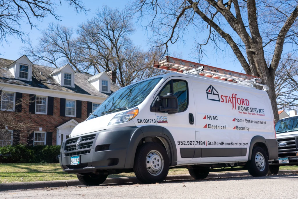 a stafford home service truck driving to perform hvac installation and repair in andover, mn