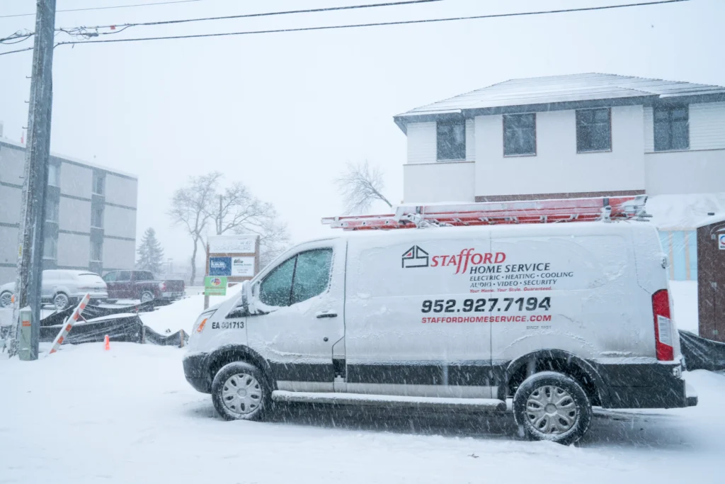 a stafford home service truck driving to perform hvac installation and repair in medicine lake, mn.