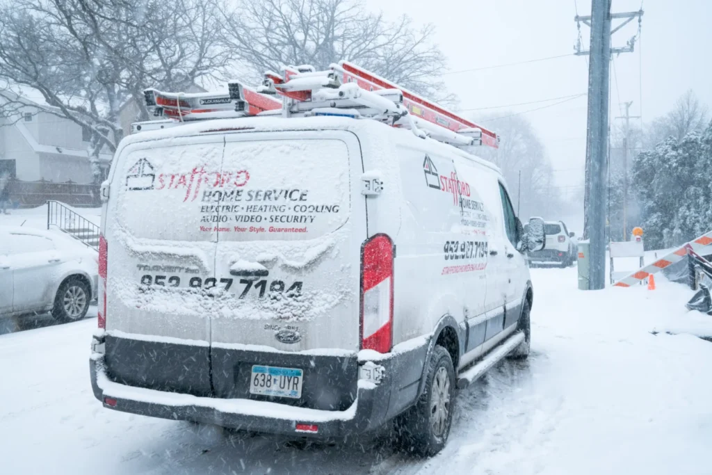 a stafford home service truck driving to install home entertainment services in brooklyn park, mn.